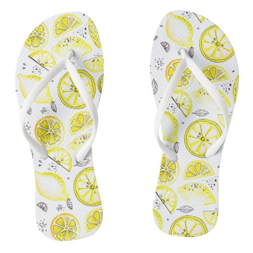 Cute Fresh Summer Lemon Citrus Doodle Yellow Large Flip Flops