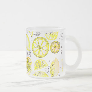 Cute Fresh Summer Lemon Citrus Doodle Yellow Large Frosted Glass Coffee Mug