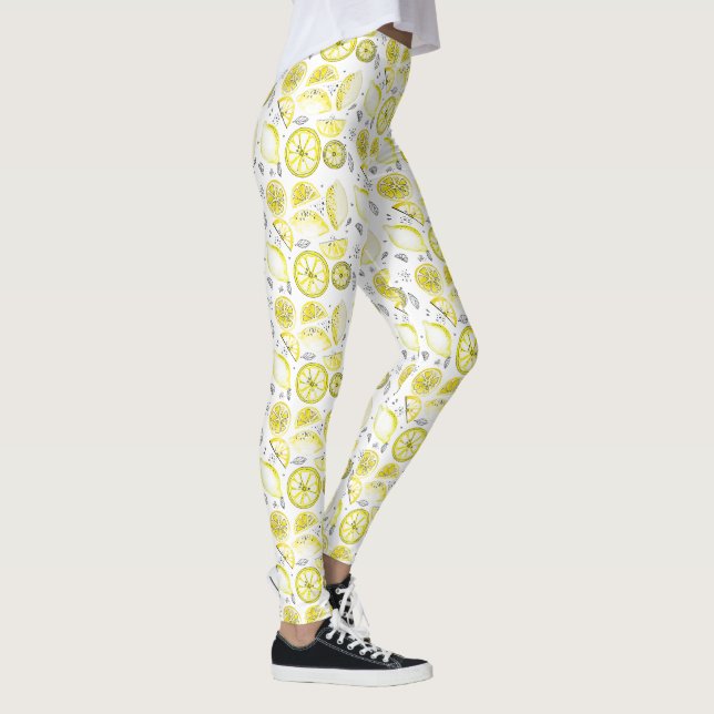 Cute Fresh Summer Lemon Citrus Doodle Yellow Leggings (Right)