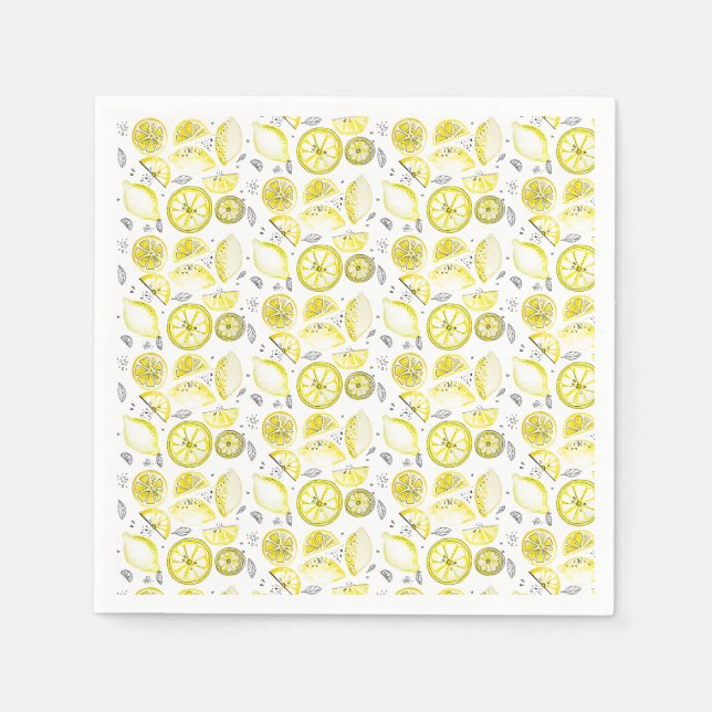 Cute Fresh Summer Lemon Citrus Doodle Yellow Napkins (Front)