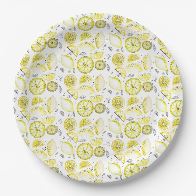 Cute Fresh Summer Lemon Citrus Doodle Yellow Paper Plates (Front)