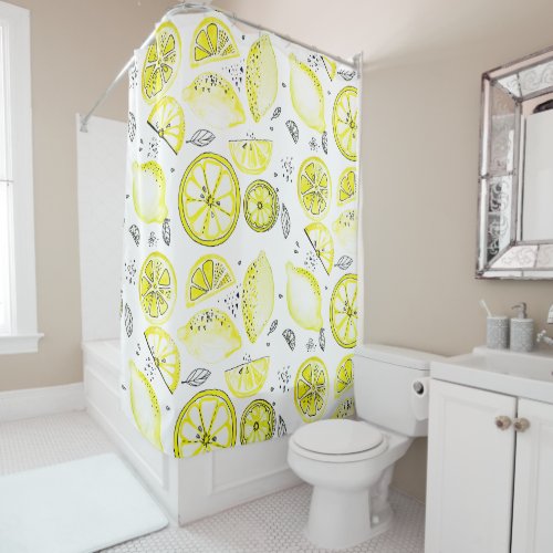 Cute Fresh Summer Lemon Citrus Doodle Yellow Shower Curtain