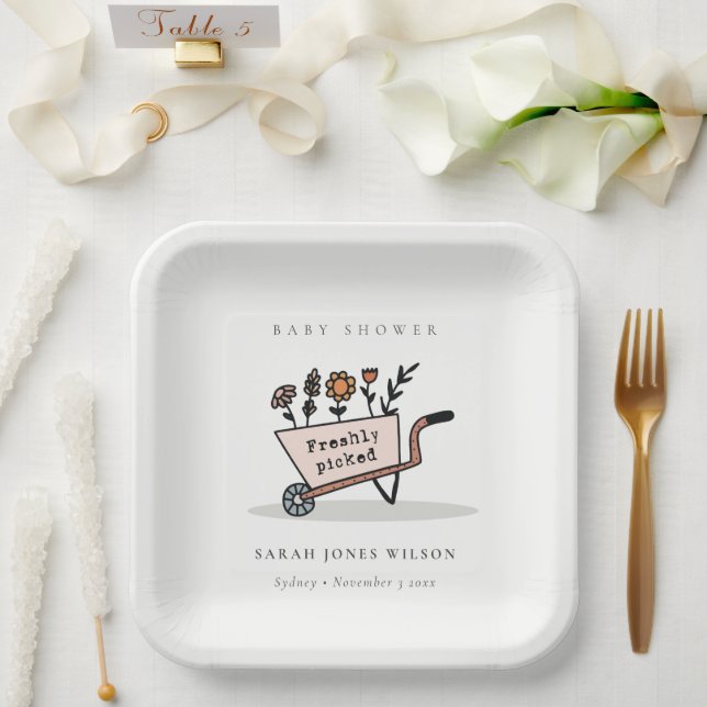 Cute Freshly Picked Blush Floral Cart Baby Shower Paper Plates (Wedding)