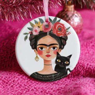 Cute Frida Kahlo& Black Cat Feline Pet Name& Photo Ceramic Ornament