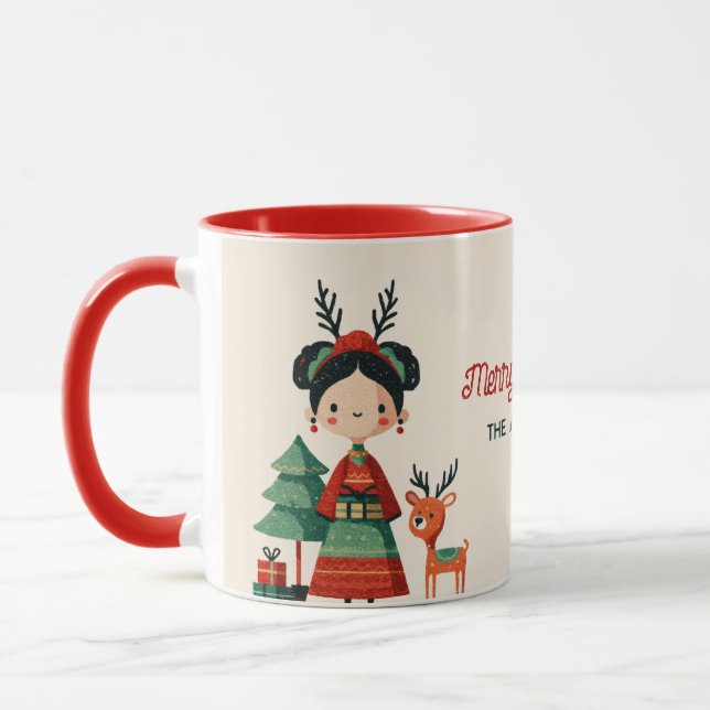 Cute Frida Kahlo Retro Merry Christmas Name  Mug (Left)