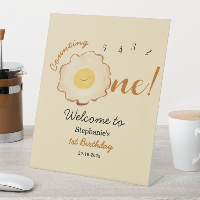 Cute Fried Egg 1st Birthday Welcome Pedestal Sign (In SItu)