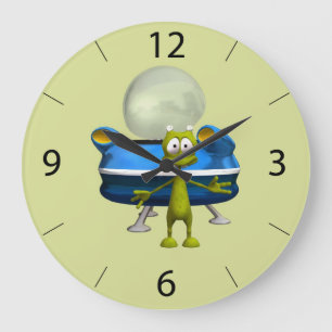 Cute Friendly Alien UFO Cartoon Space Art Large Clock