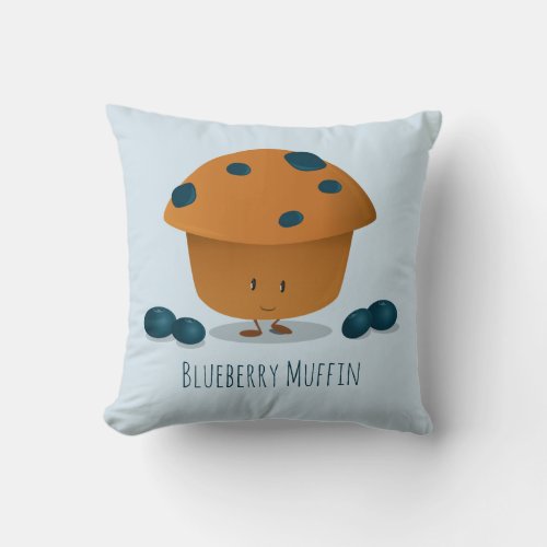 Cute Friendly Blueberry Muffin Cartoon Character Throw Pillow