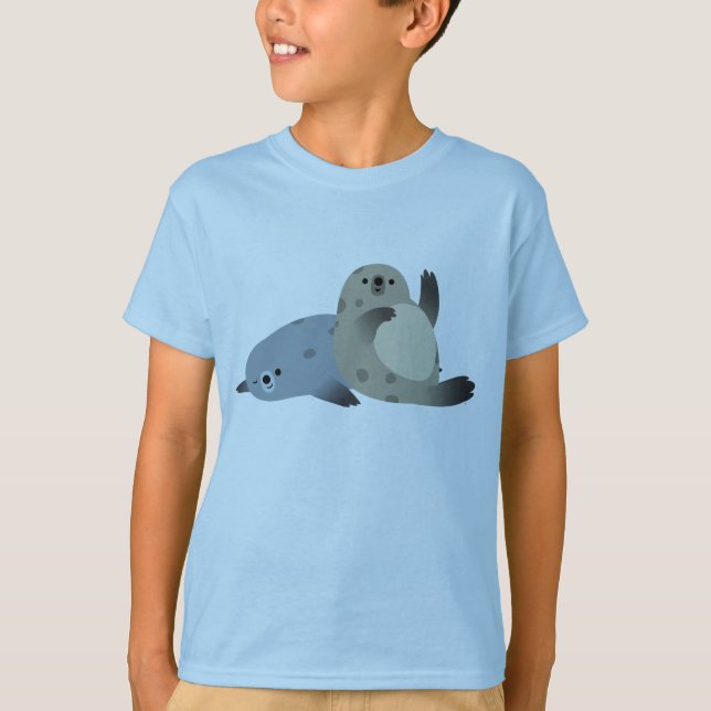 Cute Friendly Cartoon Harbor Seals Kids T-Shirt (Front)