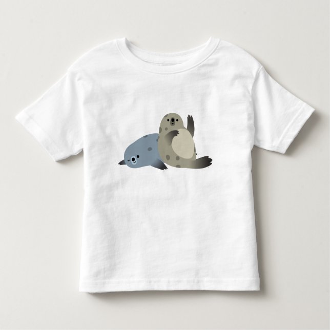 Cute Friendly Cartoon Harbor Seals Ruffle T-Shirt (Front)