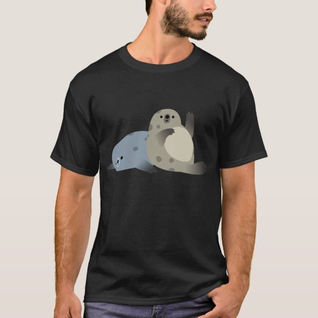 Cute Friendly Cartoon Harbor Seals T-Shirt (Front)