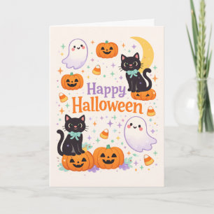 Cute Friendly Cats Ghosts Pumpkins Halloween Card