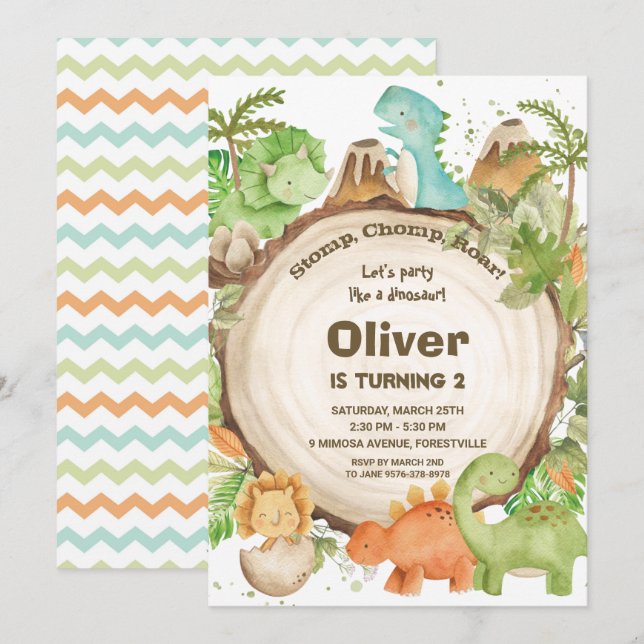 Cute Friendly Dinosaur Boys 1st Birthday Party Invitation (Front/Back)