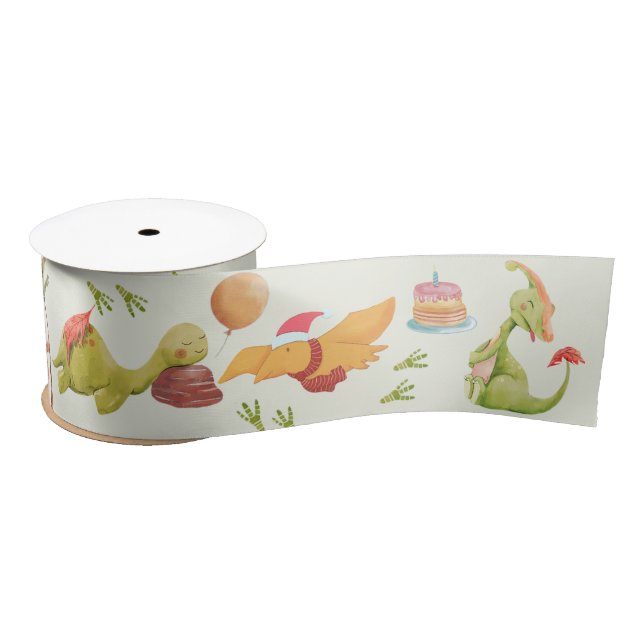 Cute Friendly Dinosaurs Green Satin Ribbon  (Spool)