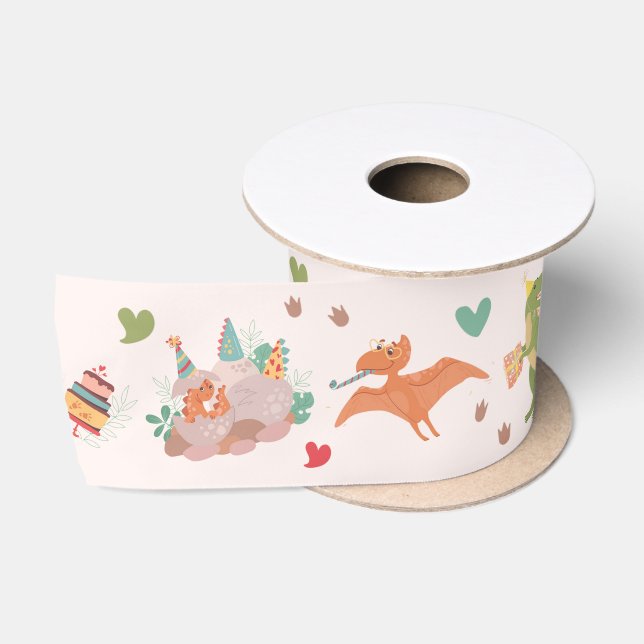 Cute Friendly Dinosaurs Green Satin Ribbon  (Spool)
