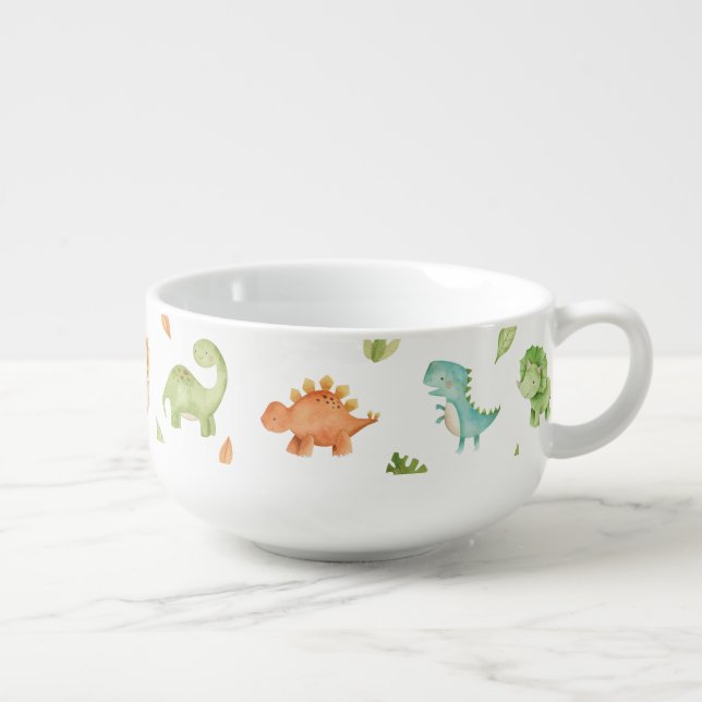 Cute Friendly Dinosaurs Leafy Blue Green Orange  Soup Mug (Left)