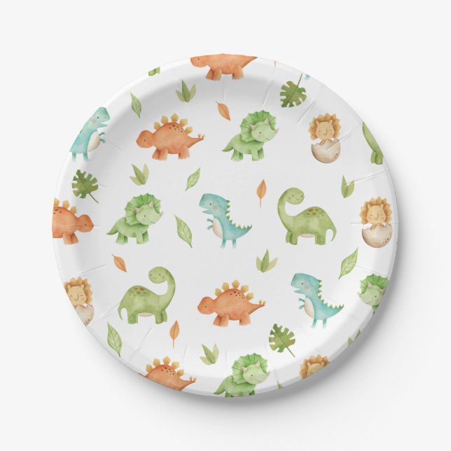 Cute Friendly Dinosaurs Party T-Rex Brontosaurus  Paper Plates (Front)