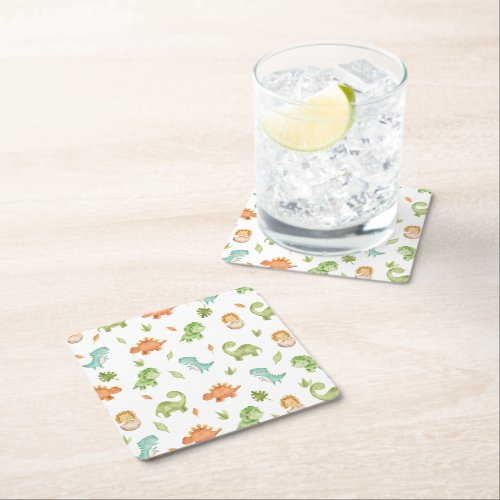 Cute Friendly Dinosaurs Party T_Rex Brontosaurus Square Paper Coaster