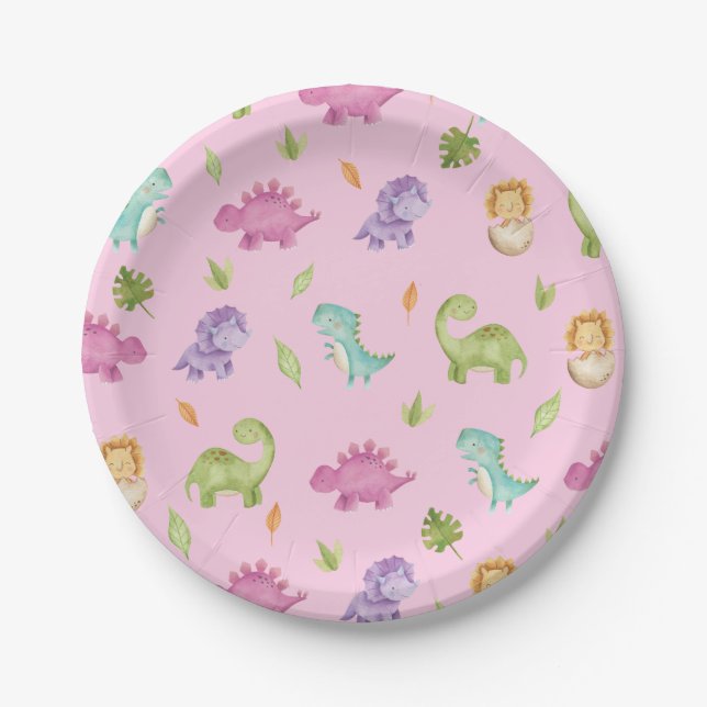 Cute Friendly Dinosaurs Party T-Rex Girl Birthday  Paper Plates (Front)