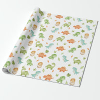 Cute Friendly Dinosaurs T-Rex Green Orange Blue Wrapping Paper