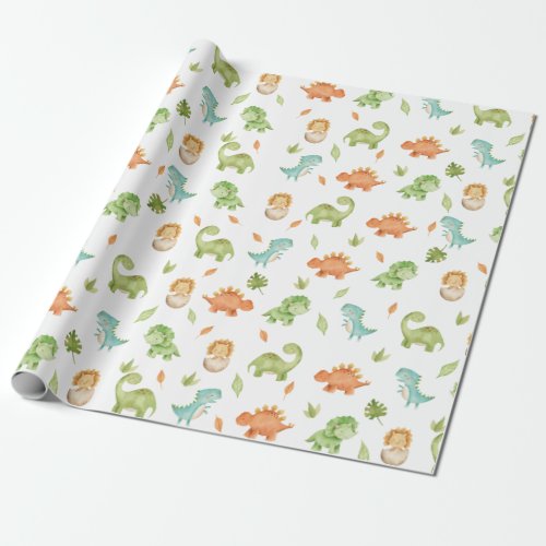 Cute Friendly Dinosaurs T_Rex Green Orange Blue  Wrapping Paper