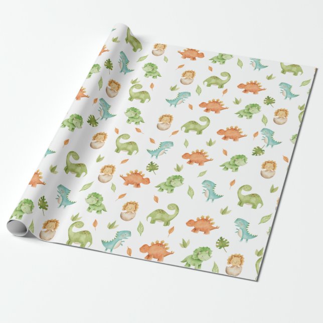 Cute Friendly Dinosaurs T-Rex Green Orange Blue  Wrapping Paper (Unrolled)