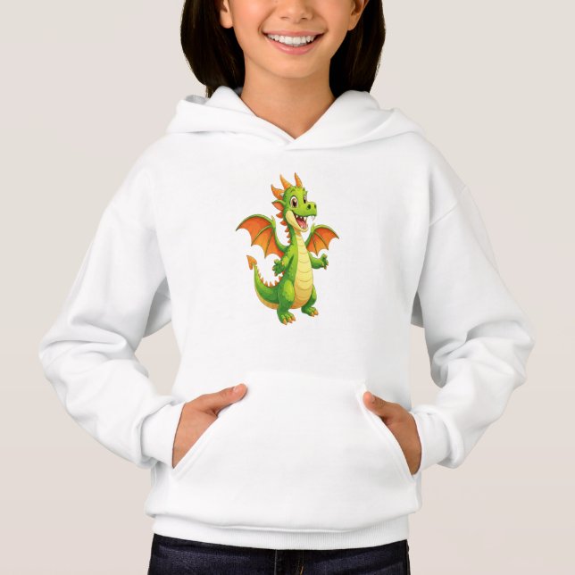 Cute Friendly Green Dragon Cartoon Illustration Hoodie (Front)