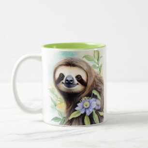 Cute Friendly Sloth Watercolor painting Two-Tone Coffee Mug