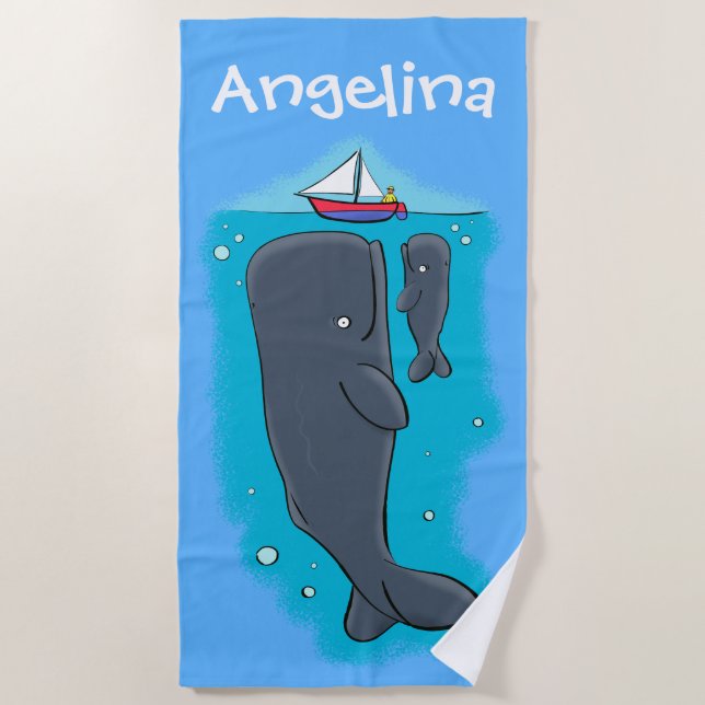 Cute friendly whales with sailing boat cartoon beach towel (Front)