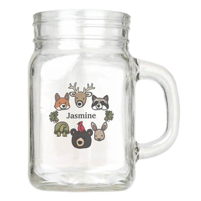 Cute Friendly Woodland Animals, Add Your Name Mason Jar (Front)