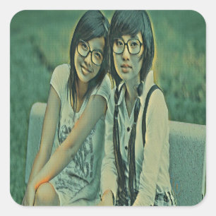 Cute friends sitting next to each other square sticker