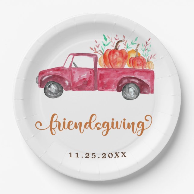 Cute Friendsgiving Calligraphy Red Truck Pumpkins Paper Plates (Front)