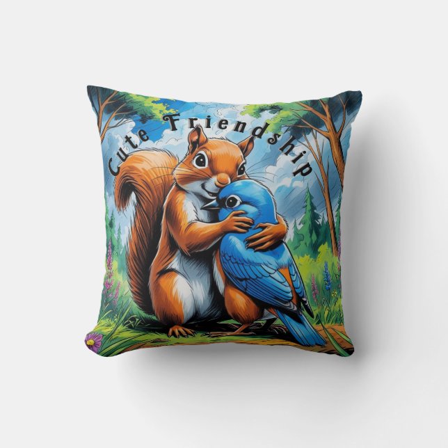Cute Friendship Between Squirrel and Bluebird Throw Pillow (Front)