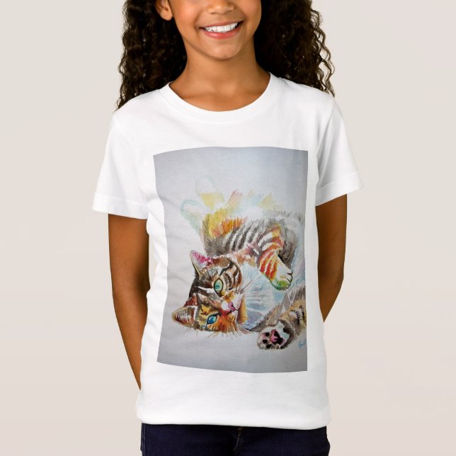 Cute Frisky Tabby Cat cats art Girls T Shirt (Front)