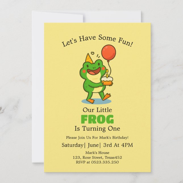Cute Frog 1st Birthday Party Invitation (Front)