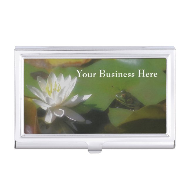 Cute Frog Admiring Lotus Flower Nature Business Card Case (Front)