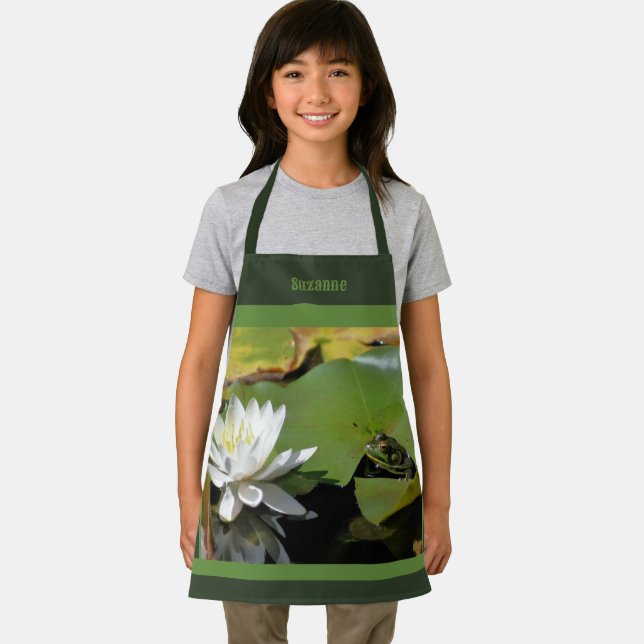 Cute Frog Admiring Lotus Flower Personalized Apron (Insitu)