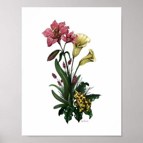 Cute Frog Among the Lilies Botanical Floral Art Poster