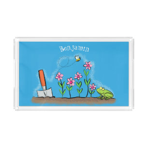 Cute frog and bee in garden cartoon illustration acrylic tray
