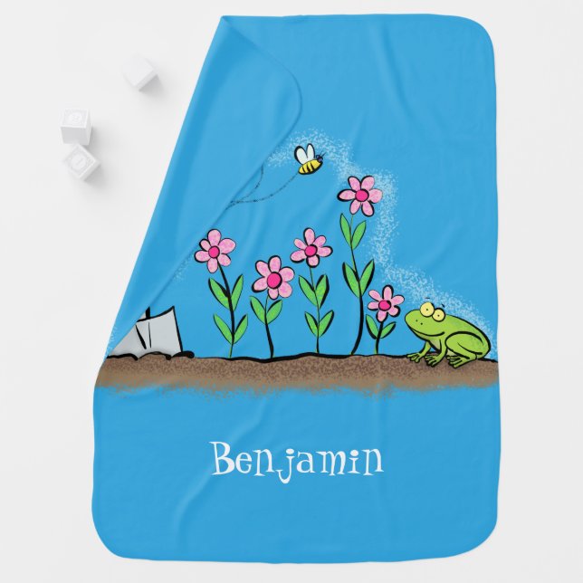 Cute frog and bee in garden cartoon illustration baby blanket (In Situ)
