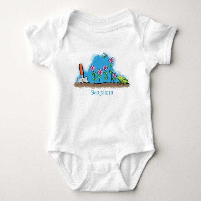 Cute frog and bee in garden cartoon illustration baby bodysuit (Front)