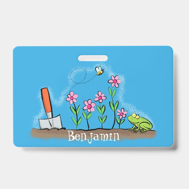 Cute frog and bee in garden cartoon illustration badge (Front)
