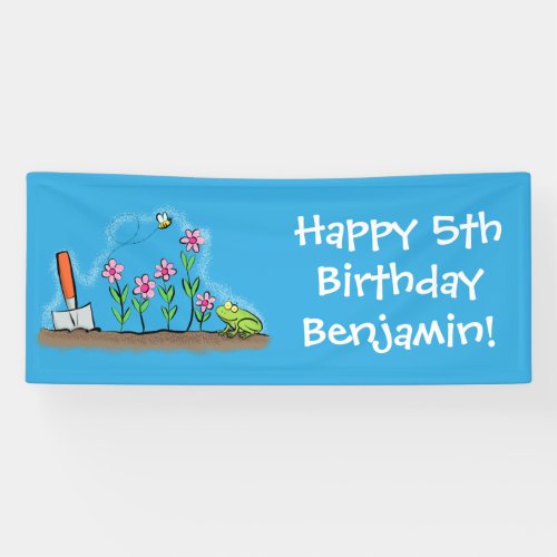 Cute frog and bee in garden cartoon illustration banner