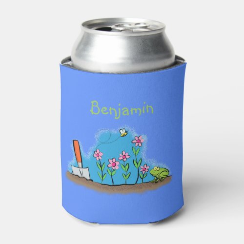 Cute frog and bee in garden cartoon illustration can cooler