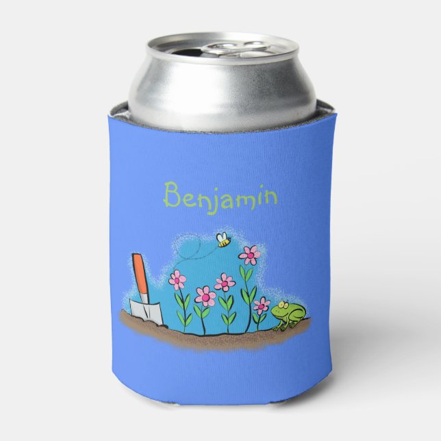 Cute frog and bee in garden cartoon illustration can cooler (Can Front)