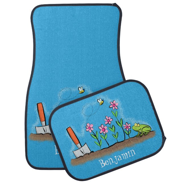 Cute frog and bee in garden cartoon illustration  car floor mat (Set)