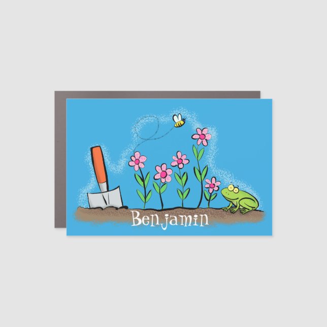 Cute frog and bee in garden cartoon illustration car magnet (Front)