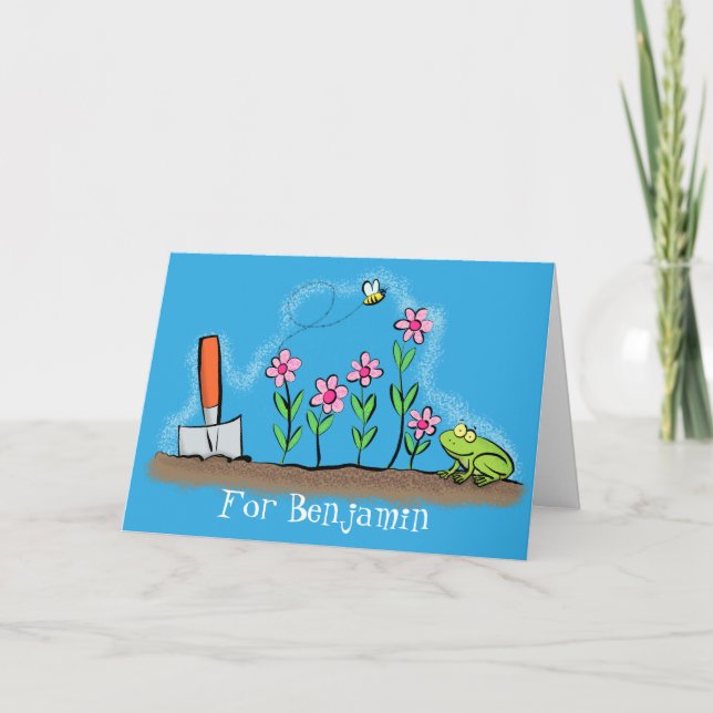 Cute frog and bee in garden cartoon illustration card (Front)