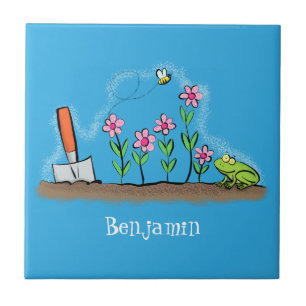 Cute frog and bee in garden cartoon illustration ceramic tile