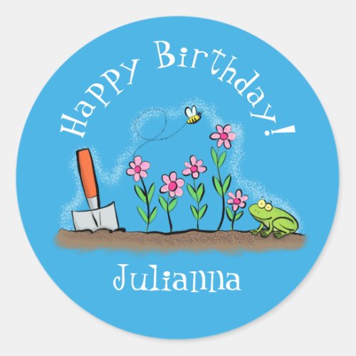 Cute frog and bee in garden cartoon illustration classic round sticker